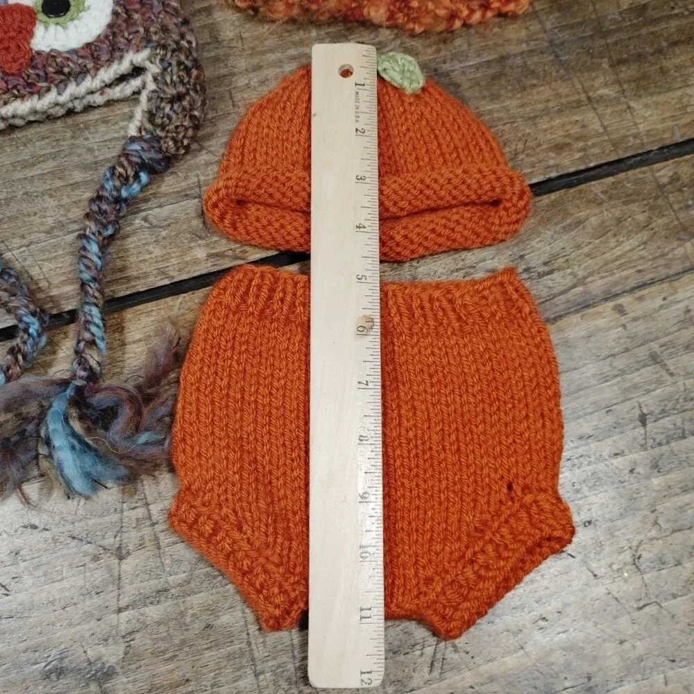 Baby Hand Knit Hat Handmade Crochet Cap Owl Pumpkin Fall Lot New